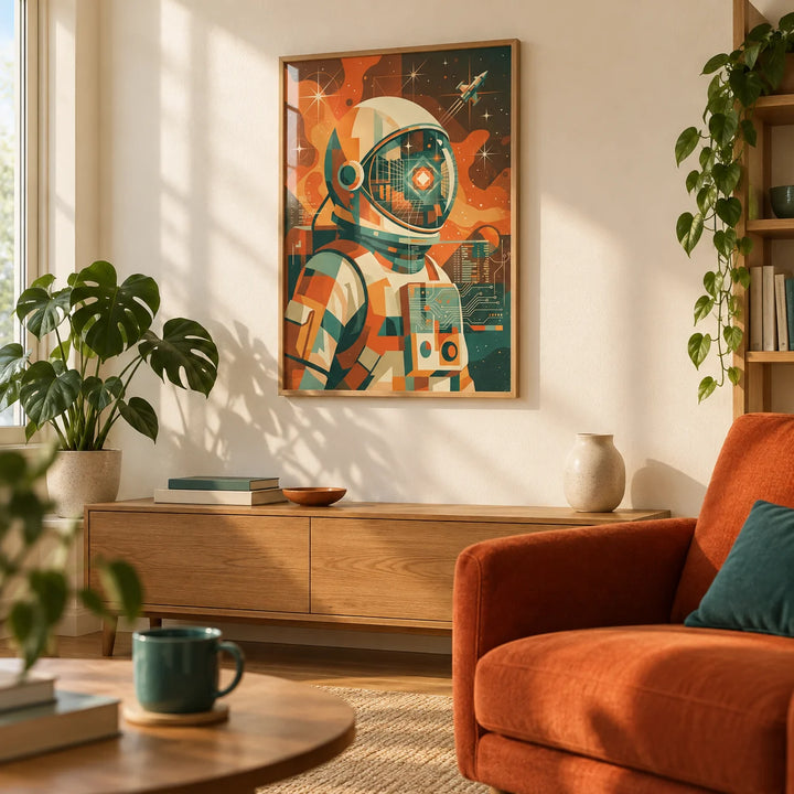 Retro Astronaut Poster, framed on the wall of a first-flat living room with a cream wall