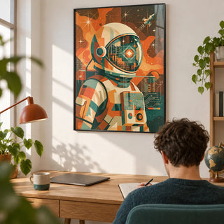 Retro Astronaut Poster, framed on the wall of a home office with a white wall