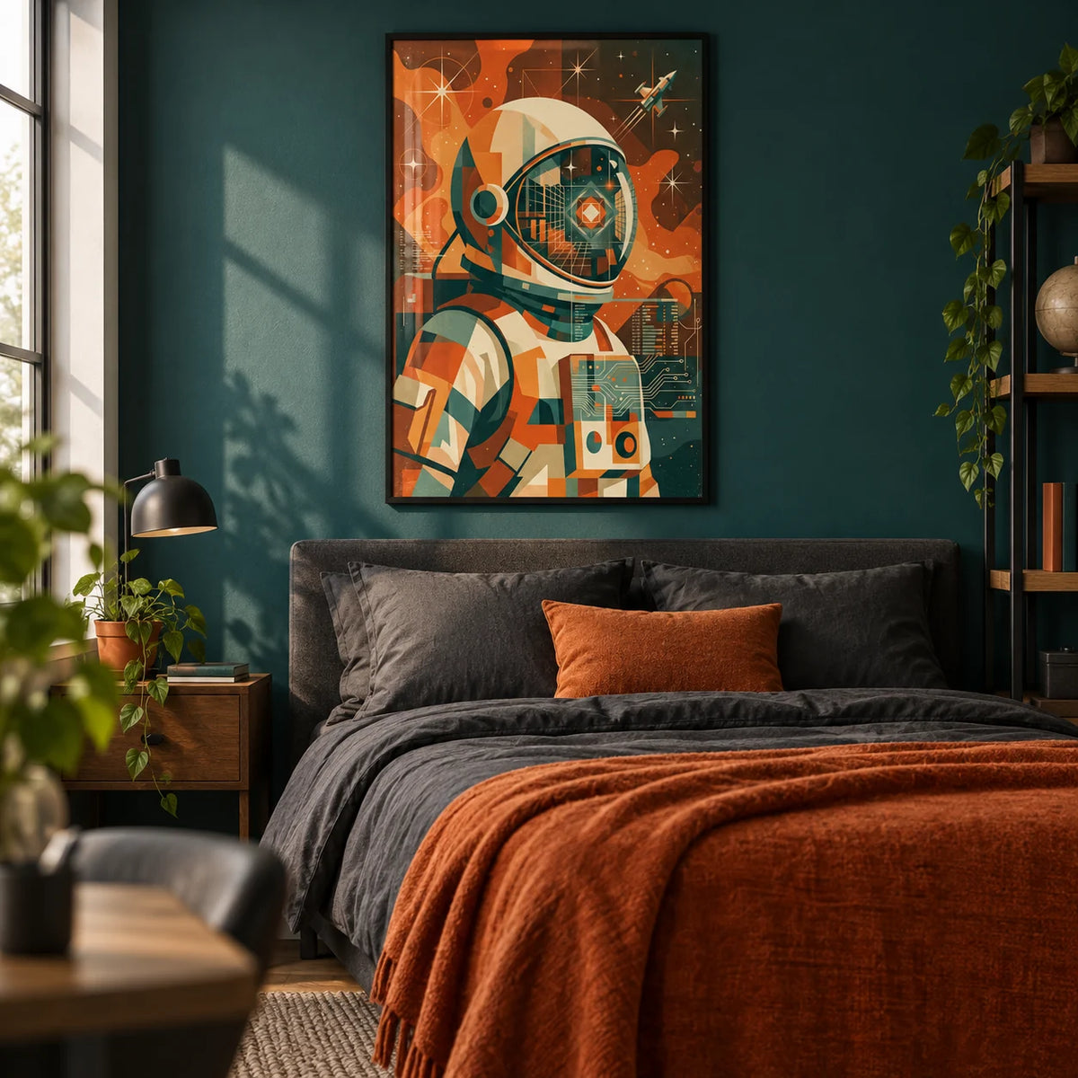Retro Astronaut Poster, framed on the wall of a teenage bedroom for a 15 year old with a deep teal painted wall