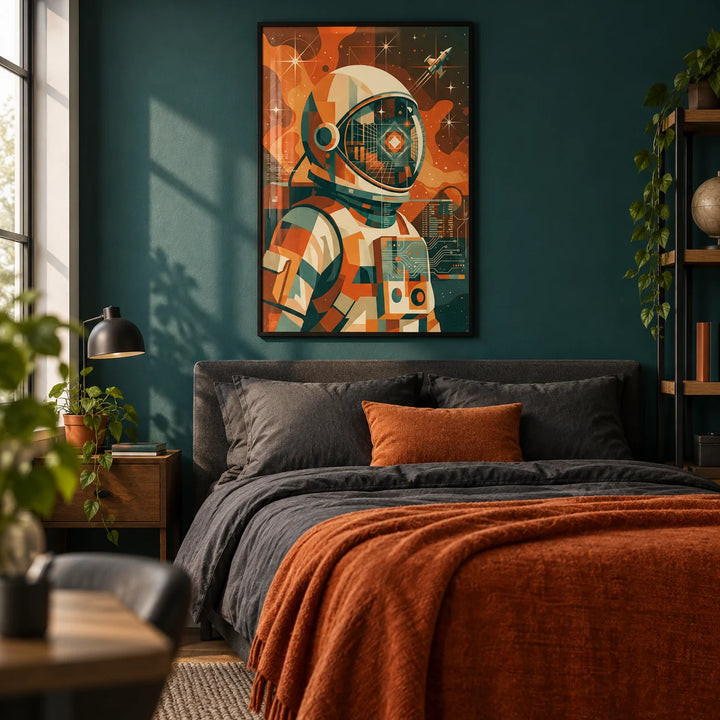 Retro Astronaut Poster, framed on the wall of a teenage bedroom for a 15 year old with a deep teal painted wall