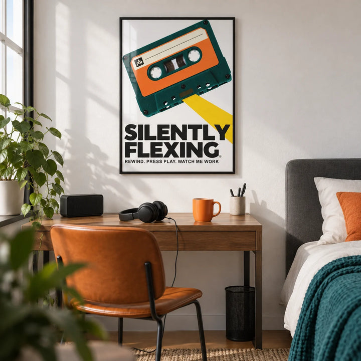 Cassette Poster, framed on the wall of a modern bedroom for a 20 year old
