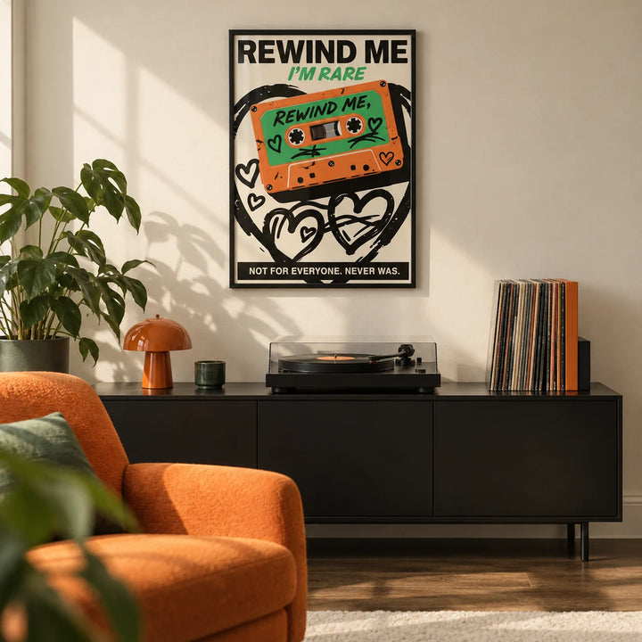 Retro Cassette Wall Art, framed on the wall of a young adult's music corner in a city flat with a plain cream wall and a dark wood floor in a living room