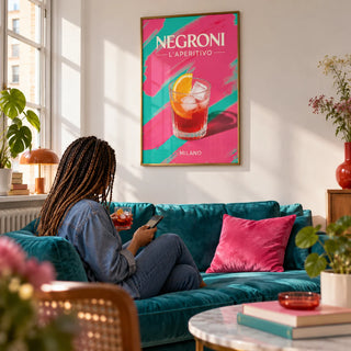 Retro Cocktail Art, framed on the wall of a lively city flat living room with a plain white wall