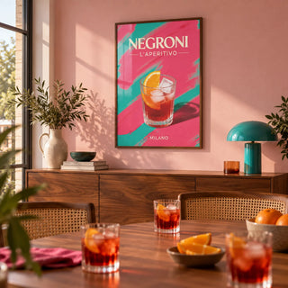 Retro Cocktail Art, framed on the wall of a modern dining room with a plain soft pink wall