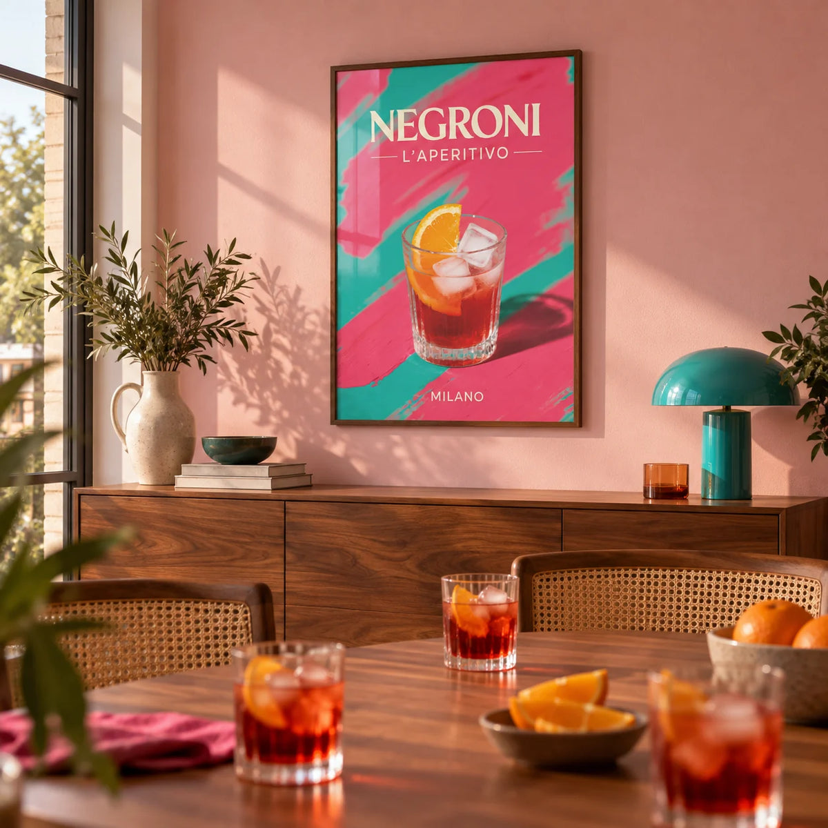 Retro Cocktail Art, framed on the wall of a modern dining room with a plain soft pink wall