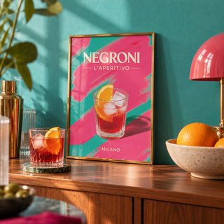 Retro Cocktail Art, a small A4 framed print leaning on a bar shelf in a living room