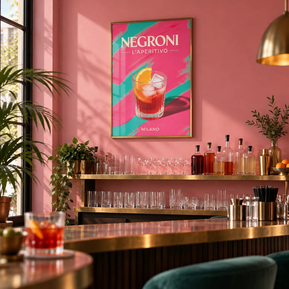 Retro Cocktail Art, framed on the wall of a small modern cocktail bar with a plain pink wall and a brass-edged counter in a kitchen