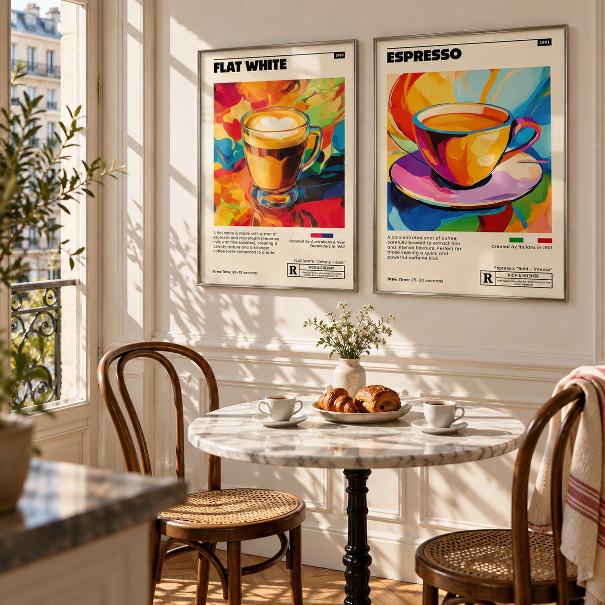 Retro Coffee Prints Set of 2 styled above a marble bistro table in a sunny Parisian kitchen: Flat White Cafe Art and Espresso Cafe Art shown framed side by side (frames not included)