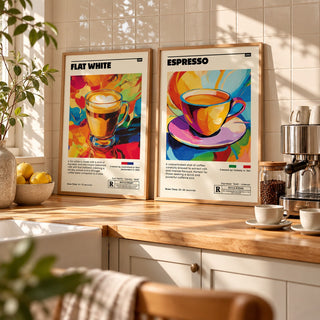 Retro Coffee Prints Set of 2 styled above a home coffee station with an espresso machine: Flat White Cafe Art and Espresso Cafe Art shown framed side by side (frames not included)
