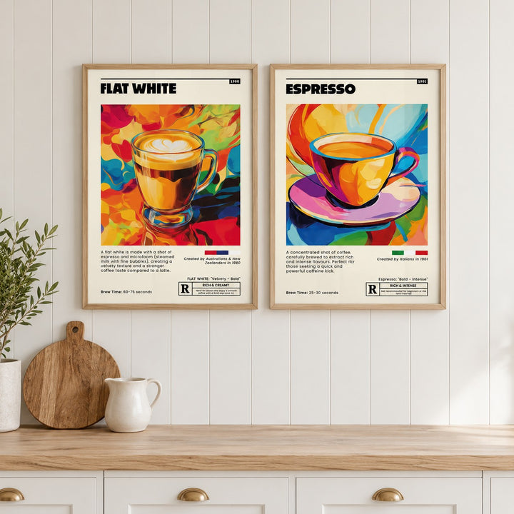 Retro Coffee Prints Set of 2 hung at eye level above a wooden kitchen worktop: Flat White Cafe Art and Espresso Cafe Art shown framed side by side (frames not included)