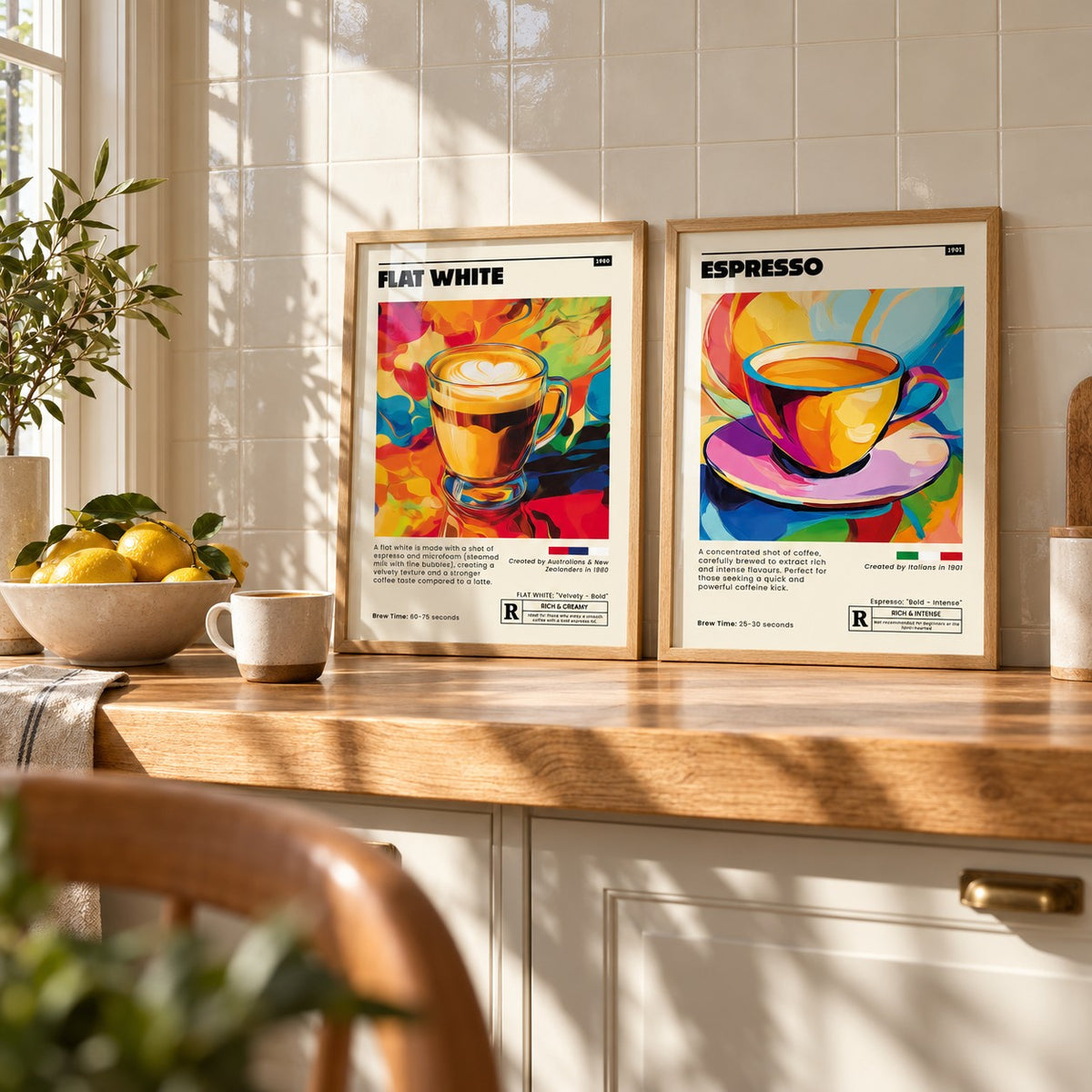 Retro Coffee Prints Set of 2 styled as small A4 prints on a shelf, to show the gift size: Flat White Cafe Art and Espresso Cafe Art shown framed side by side (frames not included)