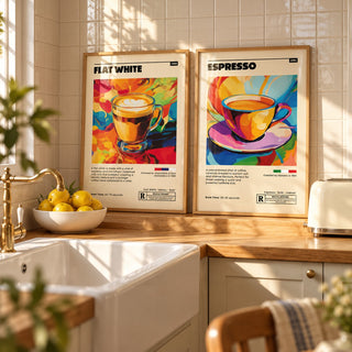 Retro Coffee Prints Set of 2 styled on a butcher-block kitchen worktop against cream tiles: Flat White Cafe Art and Espresso Cafe Art shown framed side by side (frames not included)