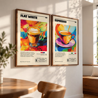 Retro Coffee Prints Set of 2 styled in walnut frames on a calm white wall: Flat White Cafe Art and Espresso Cafe Art shown framed side by side (frames not included)