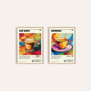 Retro Coffee Prints Set of 2: Flat White Cafe Art and Espresso Cafe Art side by side, two separate unframed prints