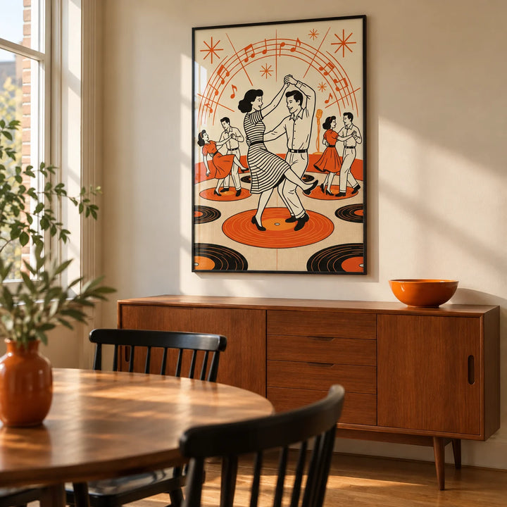Retro Dance Wall Art, framed on the wall of a characterful dining room in a UK flat with warm ivory walls and a wooden floor