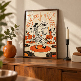 Retro Dance Wall Art, a small A4 framed print leaning on a teak sideboard in a living room