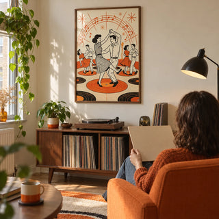 Retro Dance Wall Art, framed on the wall of a vintage music listening corner in a UK maisonette with a cream wall in a living room
