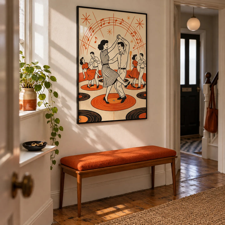 Retro Dance Wall Art, framed on the wall of a welcoming hallway in a UK terraced house with warm white walls and original wooden floorboards