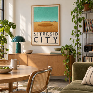 Retro Desert Sci-Fi Poster shown in a city kitchen dining area (frame not included)