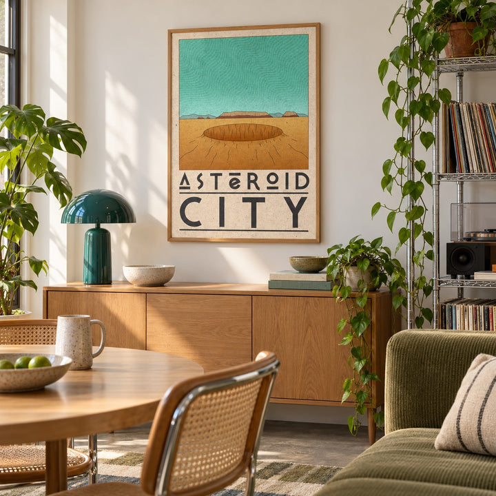 Retro Desert Sci-Fi Poster shown in a city kitchen dining area (frame not included)