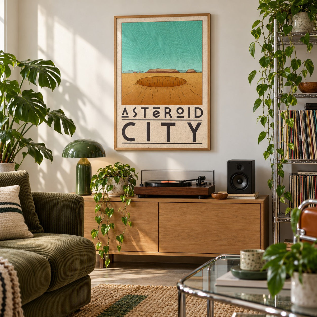 Retro Desert Sci-Fi Poster shown in a city apartment record corner (frame not included)