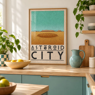Retro Desert Sci-Fi Poster shown in a minimalist kitchen (frame not included)