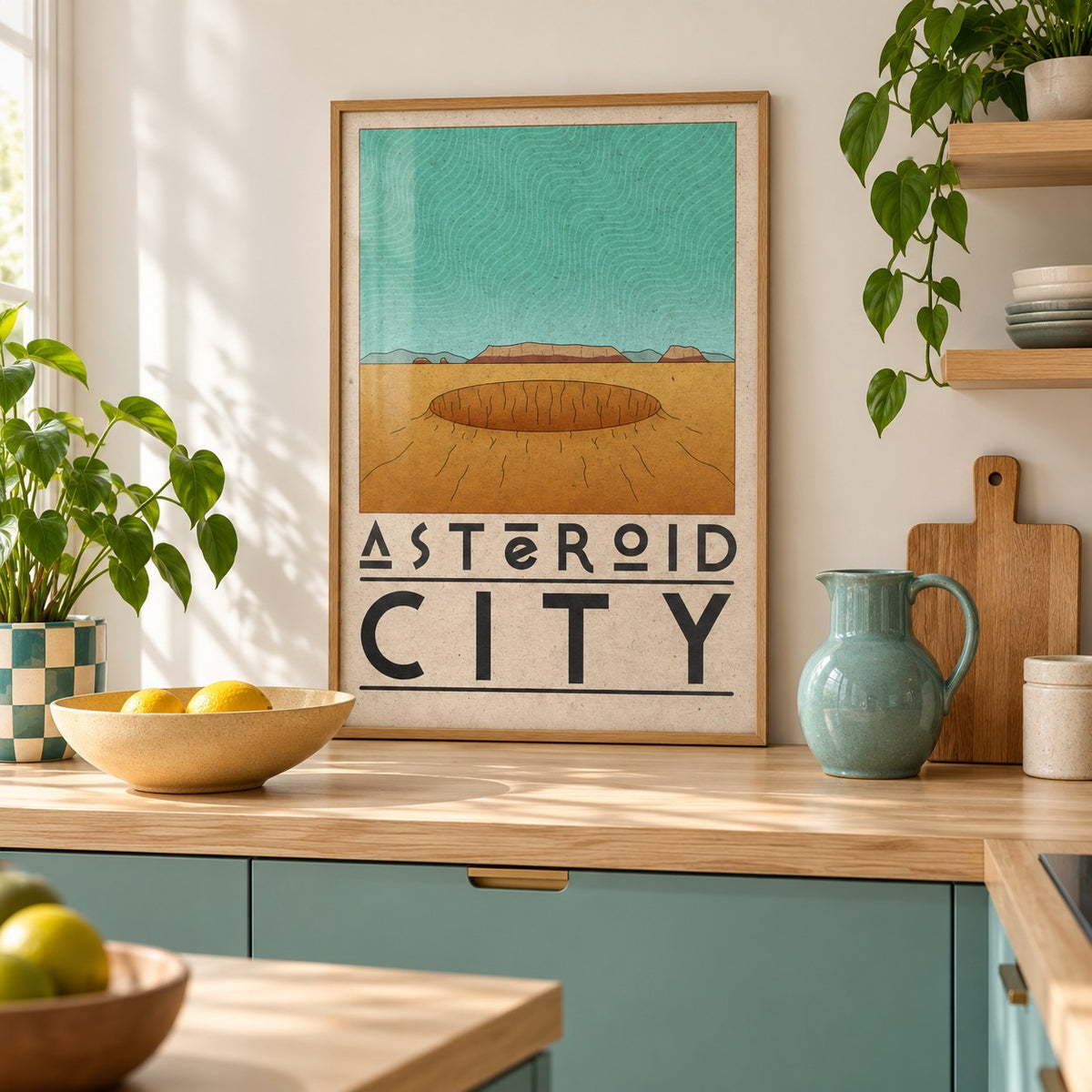 Retro Desert Sci-Fi Poster shown in a minimalist kitchen (frame not included)