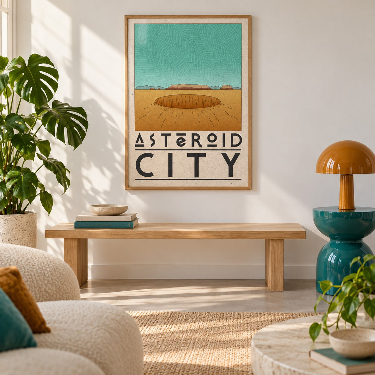 Retro Desert Sci-Fi Poster shown in a minimalist living room with an oak bench (frame not included)