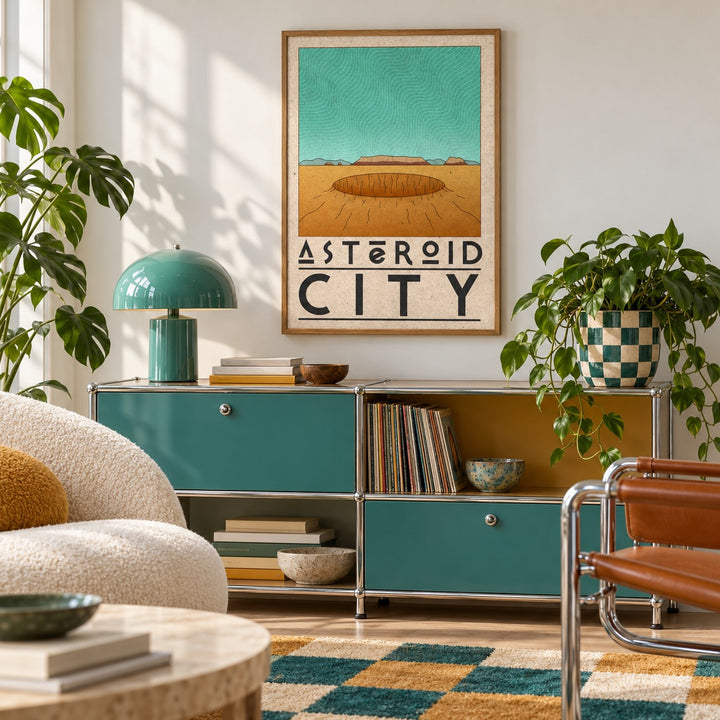 Retro Desert Sci-Fi Poster shown in a playful living room with a retro modular sideboard (frame not included)