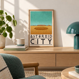Retro Desert Sci-Fi Poster shown in the small A4 size on a shelf (frame not included)