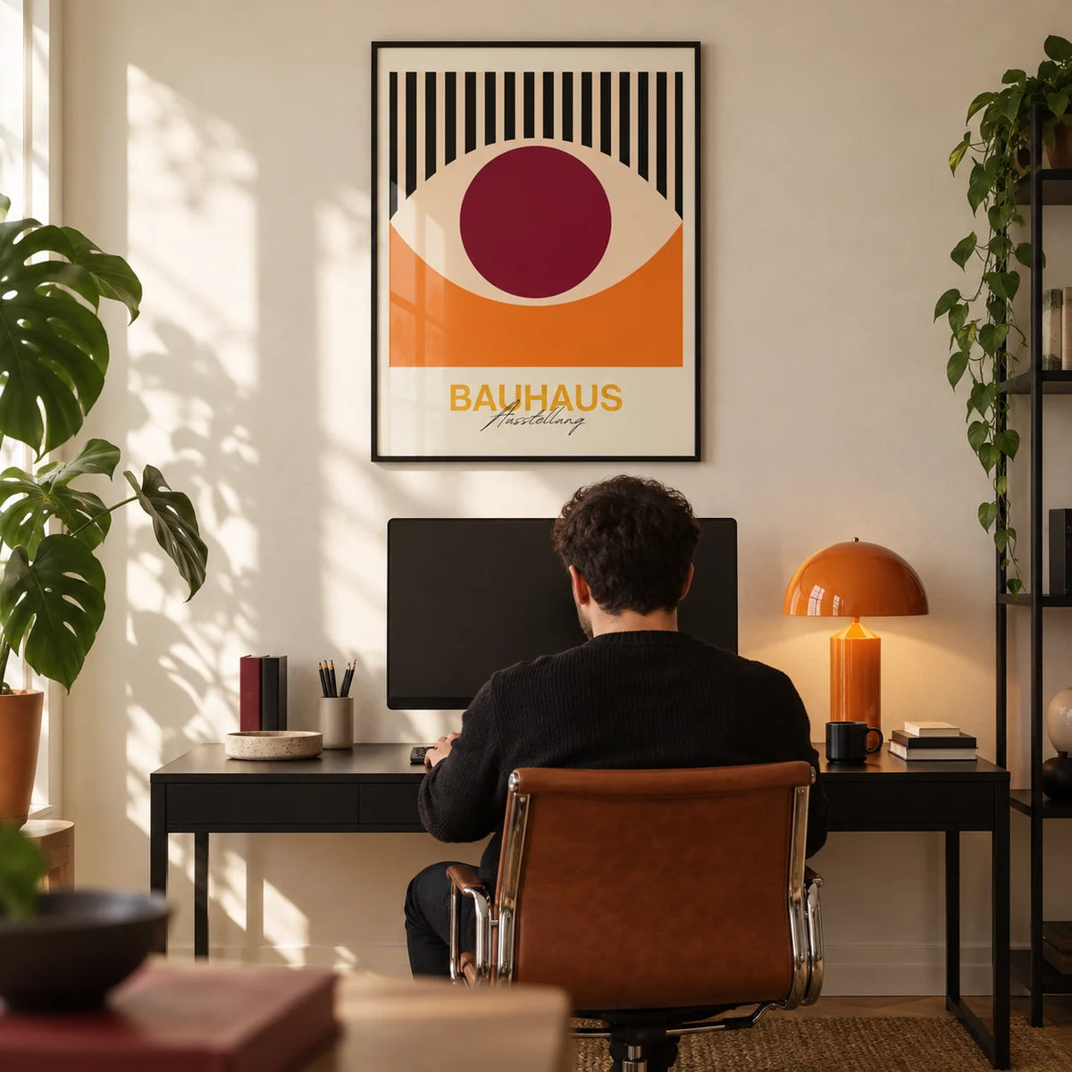 Retro Eye Wall Art, framed on the wall of a design-led home office with a cream wall