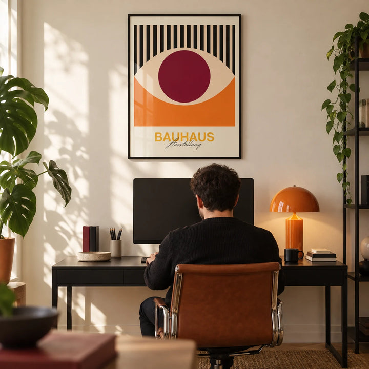 Retro Eye Wall Art, framed on the wall of a design-led home office with a cream wall