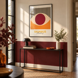 Retro Eye Wall Art, framed on the wall of a modern hallway with a burgundy painted lower wall and a cream upper wall