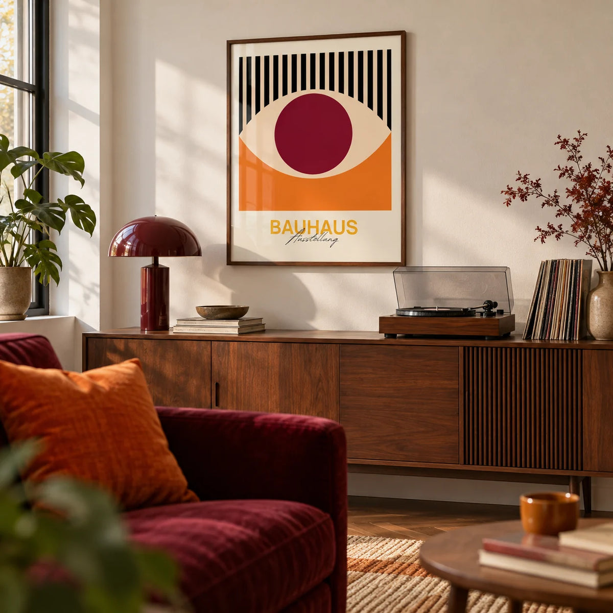 Retro Eye Wall Art, framed on the wall of a retro-modern living room with a warm white wall