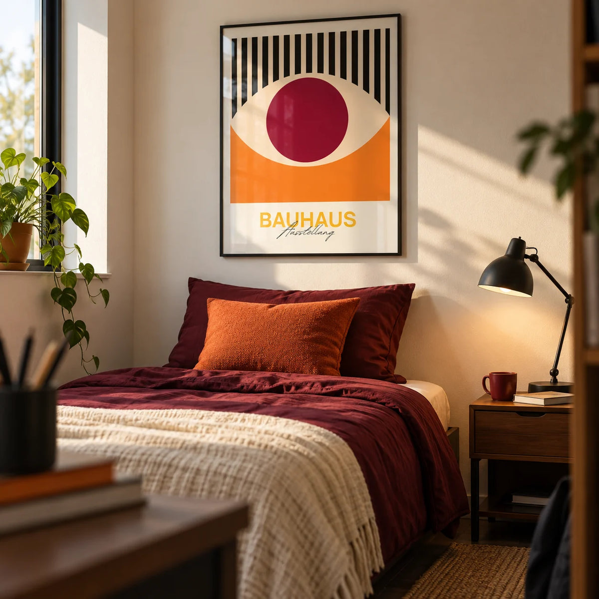 Retro Eye Wall Art, framed on the wall of a stylish single bedroom for an older teenager (15-17) with a cream wall