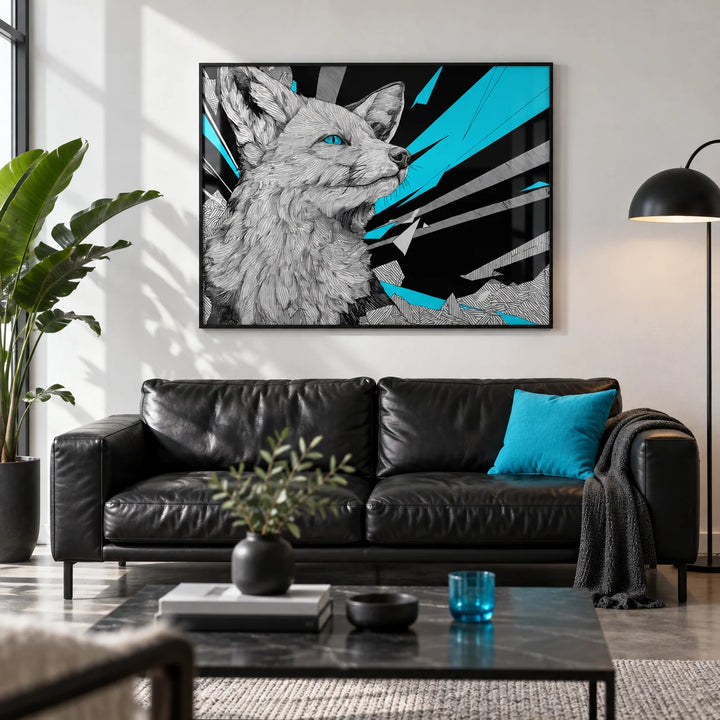 Retro Fox Art Print, framed on the wall of a design-led city-flat living room with a white wall and a concrete floor