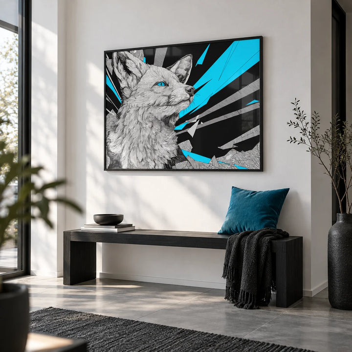 Retro Fox Art Print, framed on the wall of a modern monochrome hallway with a white wall