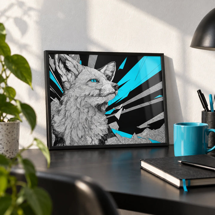 Retro Fox Art Print, a small A4 framed print leaning on a black desk