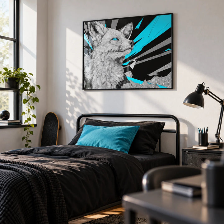 Retro Fox Art Print, framed on the wall of a stylish teenage boy's bedroom (14-17) with a white wall