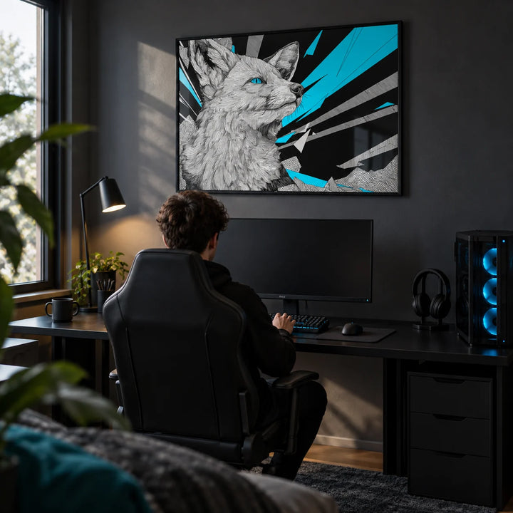 Retro Fox Art Print, framed on the wall of a young adult's gaming and work setup (20-30) with a dark grey wall in a home office