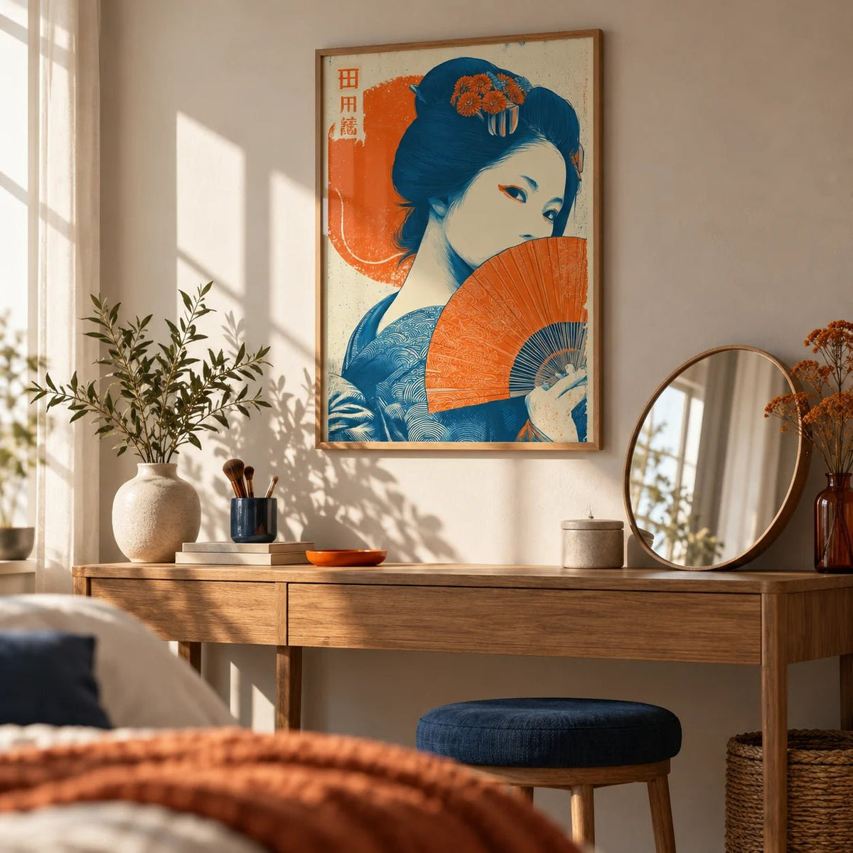 Geisha Print, framed on the wall of a bedroom dressing corner