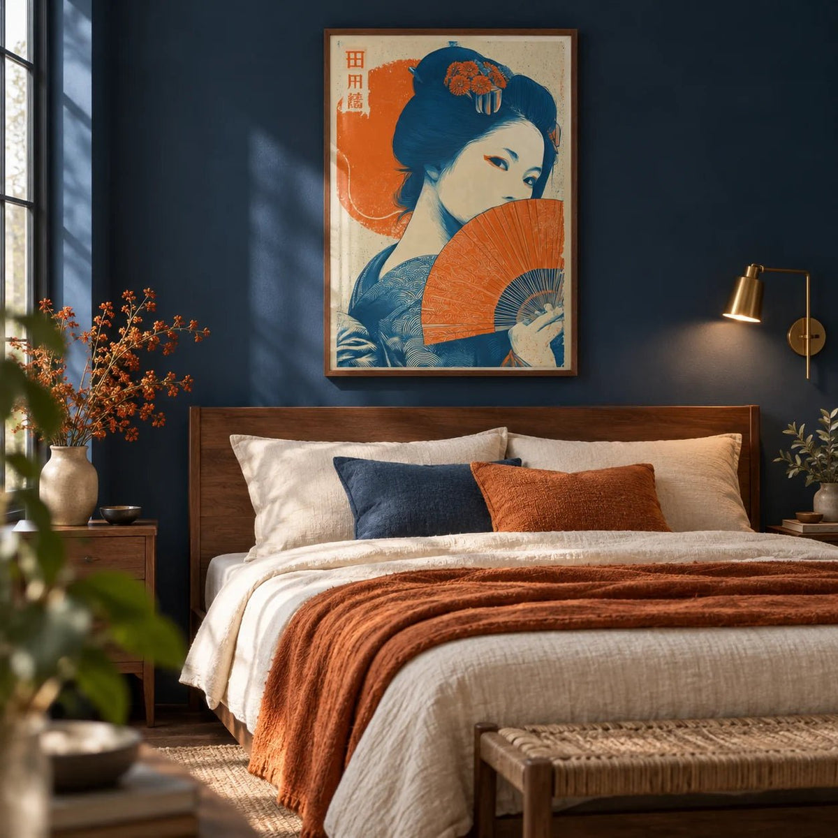 Geisha Print, framed on the wall of a calm modern bedroom with a deep navy wall
