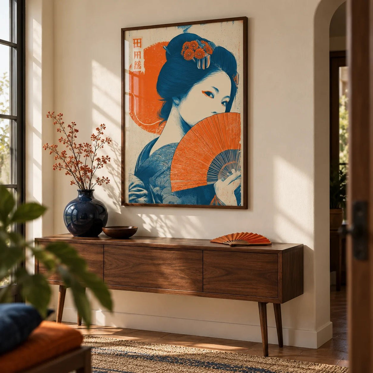 Geisha Print, framed on the wall of a characterful hallway