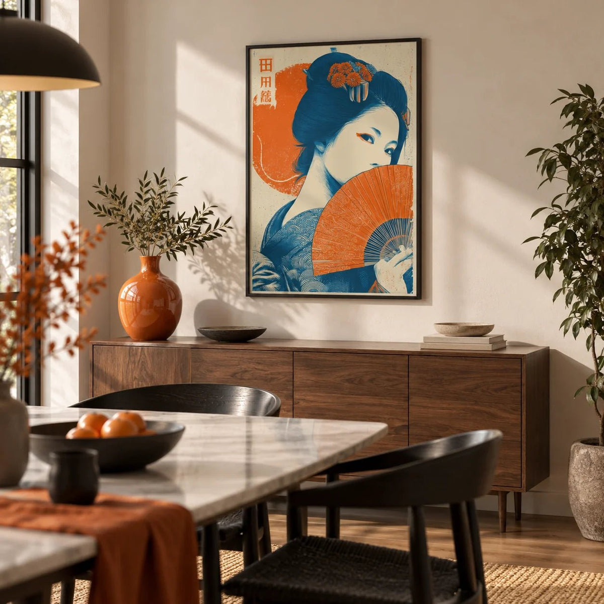 Geisha Print, framed on the wall of a modern dining room