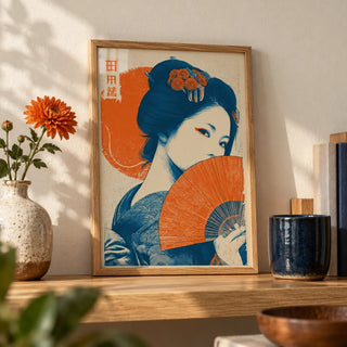 Geisha Print, a small A4 framed print leaning on an oak shelf in a living room