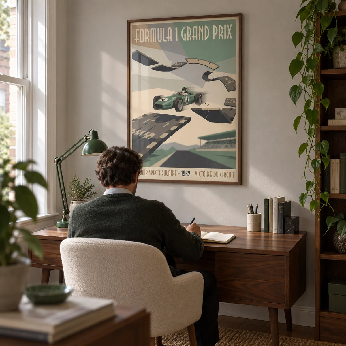 Retro Grand Prix Racing Poster, framed on the wall of a characterful home study in a British terraced house with a pale grey wall and walnut furniture