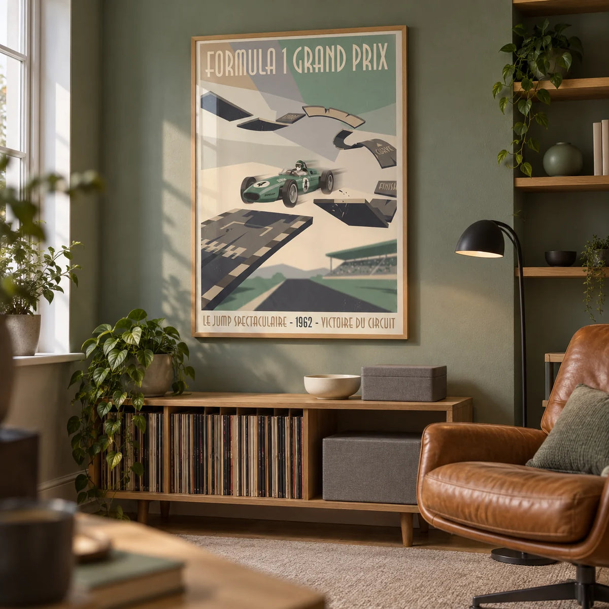 Retro Grand Prix Racing Poster, framed on the wall of a compact adult games snug in a UK semi-detached home with a muted green wall and simple timber shelving in a living room