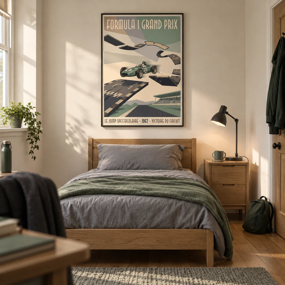 Retro Grand Prix Racing Poster, framed on the wall of a retro-inspired single bedroom for a motorsport enthusiast aged 13-17 in a UK family home