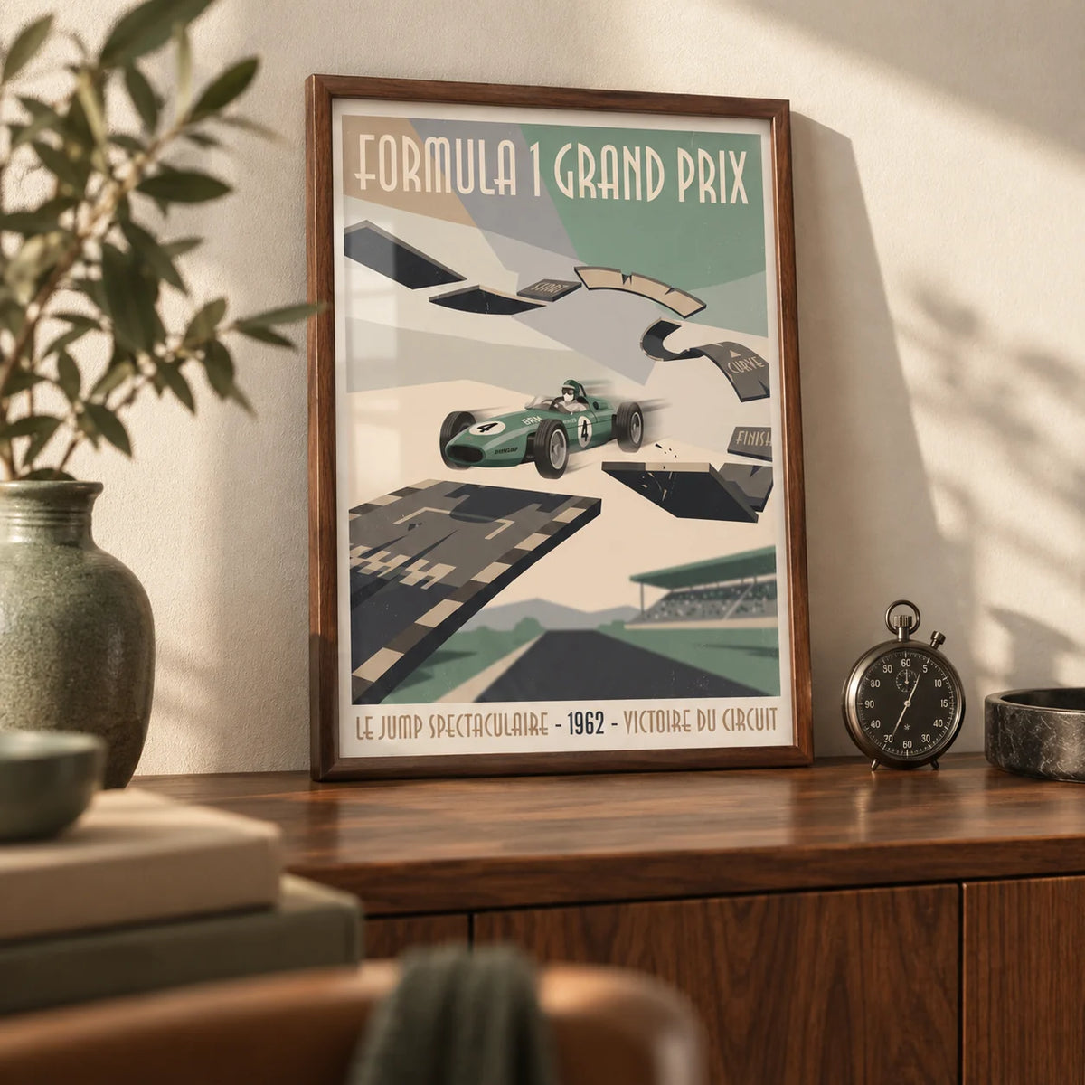 Retro Grand Prix Racing Poster, a small A4 framed print leaning on a walnut sideboard in a living room