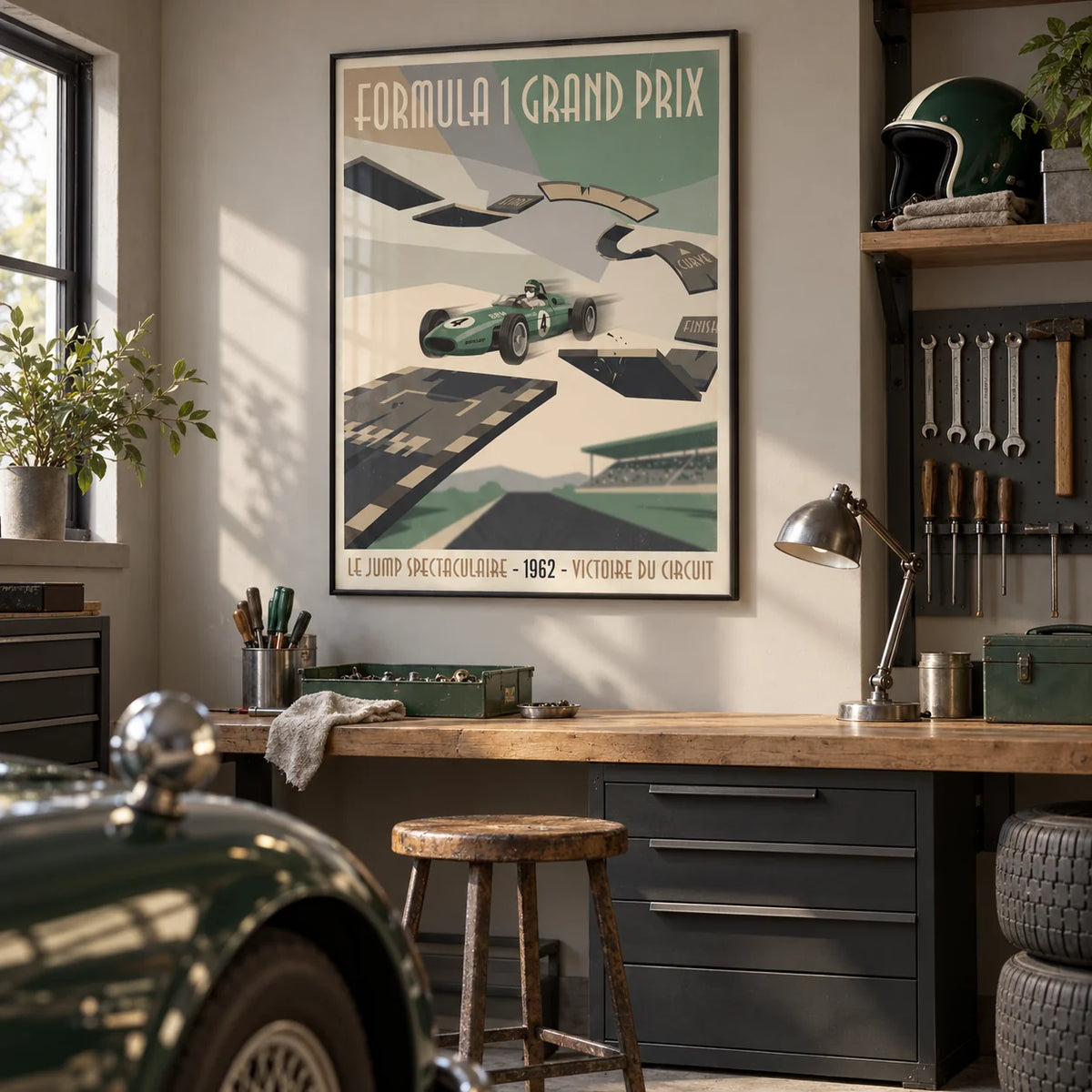 Retro Grand Prix Racing Poster, framed on the wall of a tidy converted garage hobby room for an adult classic-car enthusiast in a home office